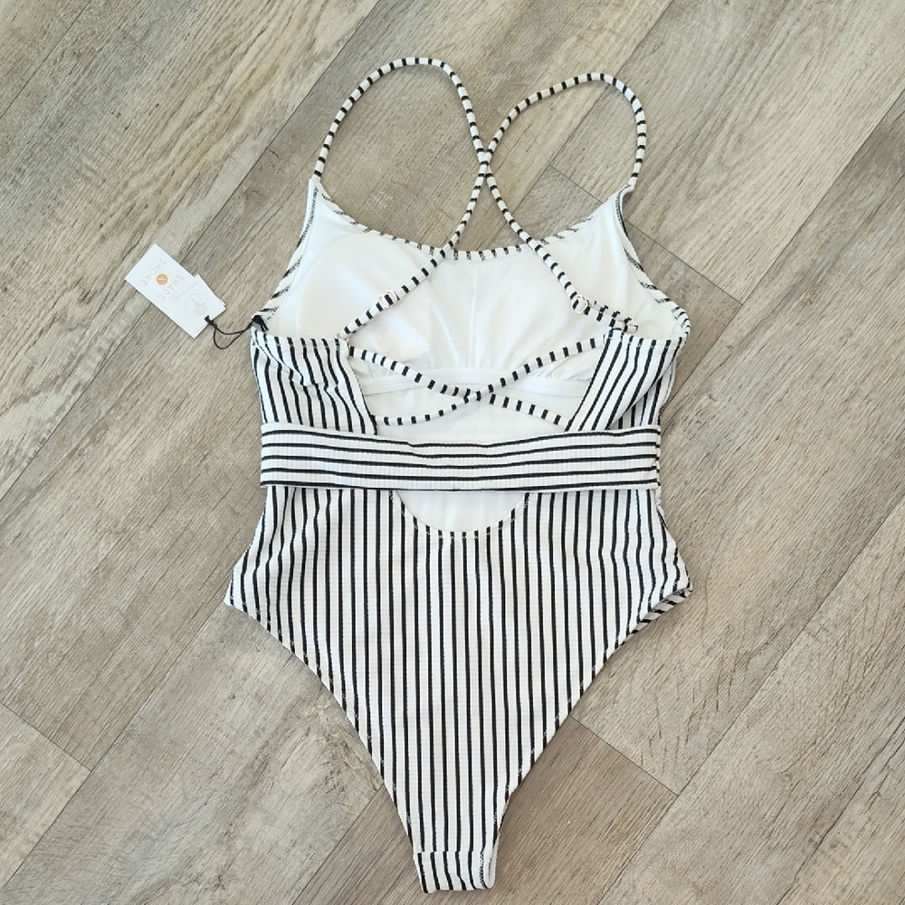 Striped Black and White One-Piece Swimsuit - Picture 4 of 8